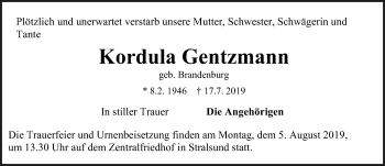 Traueranzeige von Kordula Gentzmann von Ostsee-Zeitung GmbH