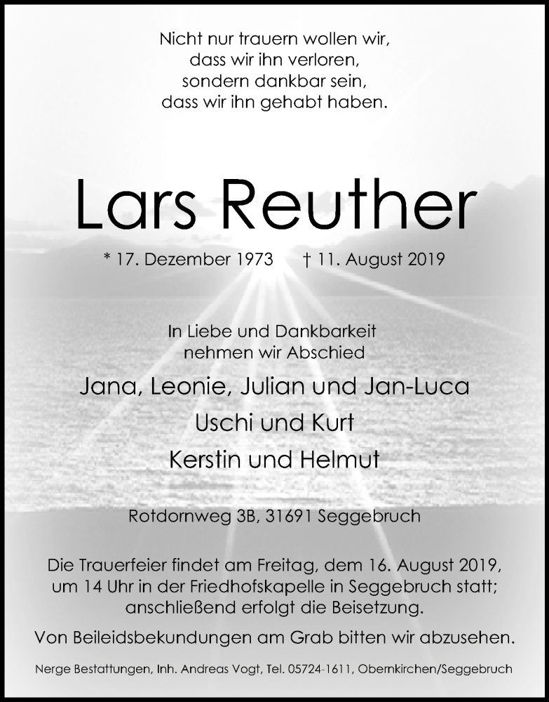  Traueranzeige für Lars Reuther vom 14.08.2019 aus Schaumburger Nachrichten