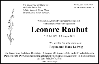 Traueranzeige von Leonore Rauhut von Hannoversche Allgemeine Zeitung/Neue Presse