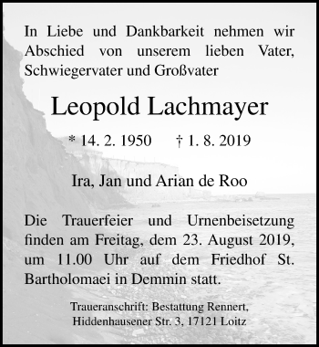 Traueranzeige von Leopold Lachmayer von Ostsee-Zeitung GmbH