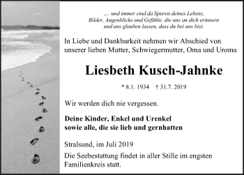 Traueranzeige von Liesbeth Kusch-Jahnke von Ostsee-Zeitung GmbH