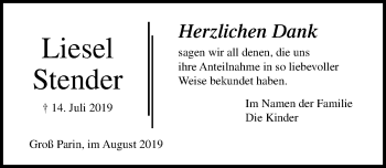 Traueranzeige von Liesel Stender von Lübecker Nachrichten