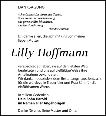 Traueranzeige von Lilly Hoffmann von Leipziger Volkszeitung