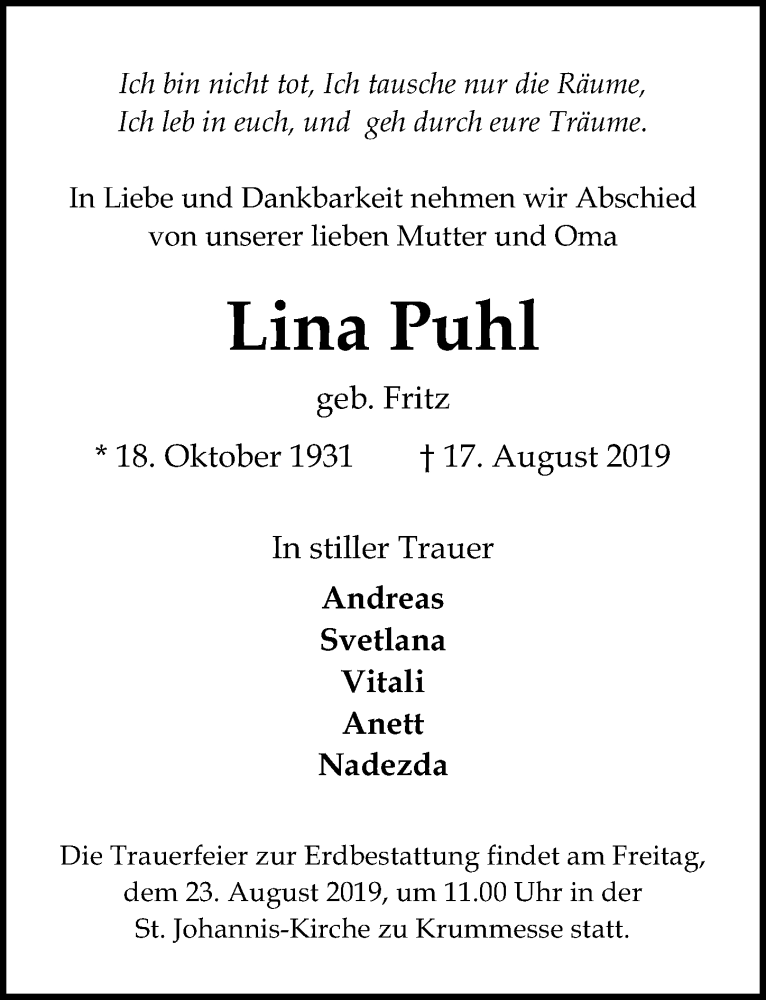  Traueranzeige für Lina Puhl vom 21.08.2019 aus Lübecker Nachrichten