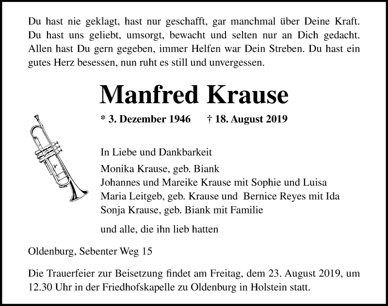  Traueranzeige für Manfred Krause vom 21.08.2019 aus Lübecker Nachrichten