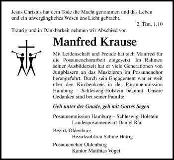 Traueranzeige von Manfred Krause von Lübecker Nachrichten