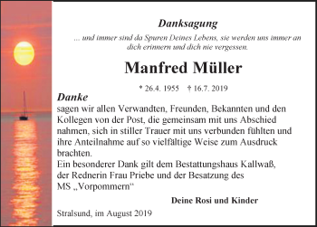 Traueranzeige von Manfred Müller von Ostsee-Zeitung GmbH