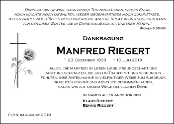 Traueranzeige von Manfred Riegert von Kieler Nachrichten