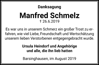 Traueranzeige von Manfred Schmelz von Hannoversche Allgemeine Zeitung/Neue Presse