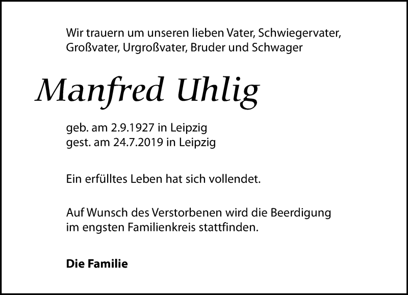  Traueranzeige für Manfred Uhlig vom 03.08.2019 aus Leipziger Volkszeitung