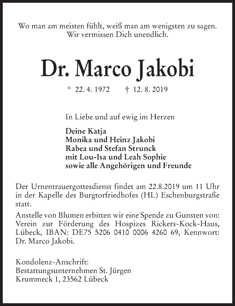  Traueranzeige für Marco Jakobi vom 17.08.2019 aus Kieler Nachrichten
