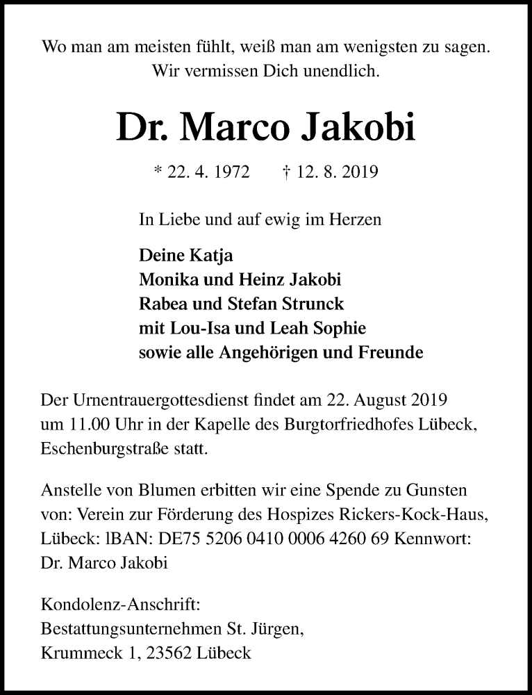  Traueranzeige für Marco Jakobi vom 18.08.2019 aus Lübecker Nachrichten