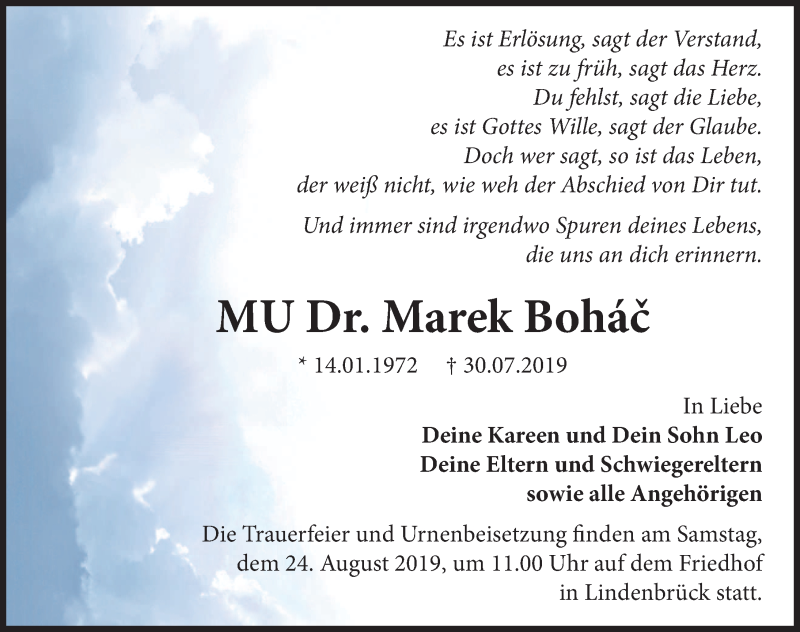  Traueranzeige für Marek Bohác vom 03.08.2019 aus Märkischen Allgemeine Zeitung
