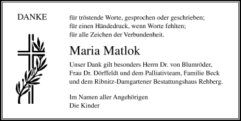 Traueranzeige von Maria Matlok von Ostsee-Zeitung GmbH