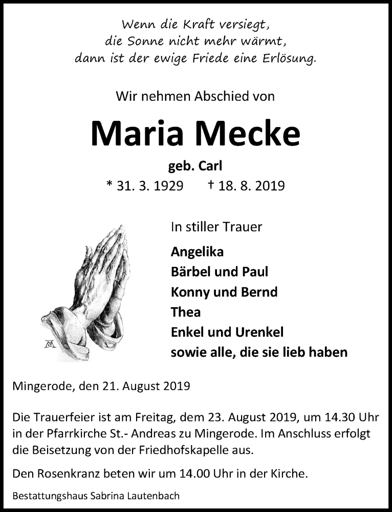  Traueranzeige für Maria Mecke vom 21.08.2019 aus Eichsfelder Tageblatt
