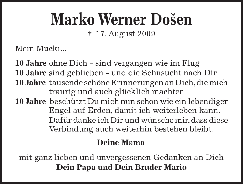  Traueranzeige für Marko Werner Došen vom 17.08.2019 aus Kieler Nachrichten