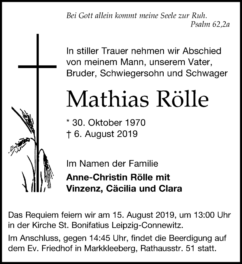  Traueranzeige für Mathias Rölle vom 10.08.2019 aus Leipziger Volkszeitung