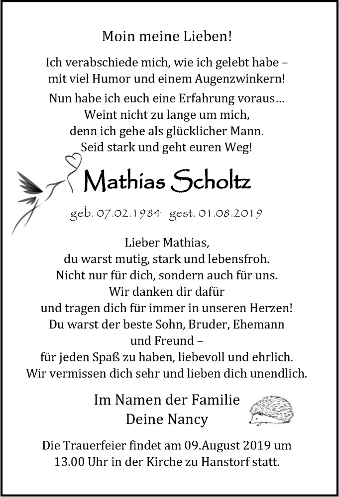  Traueranzeige für Mathias Scholtz vom 07.08.2019 aus Ostsee-Zeitung GmbH