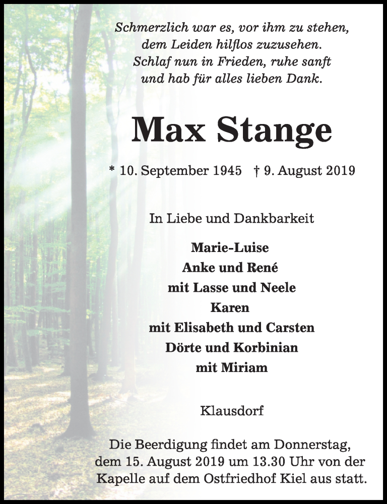  Traueranzeige für Max Stange vom 14.08.2019 aus Kieler Nachrichten