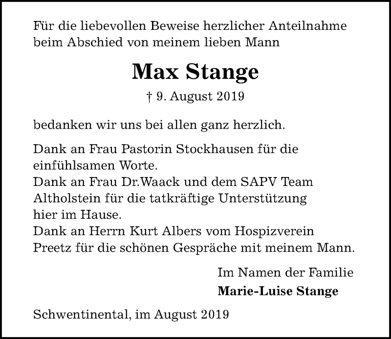  Traueranzeige für Max Stange vom 31.08.2019 aus Kieler Nachrichten