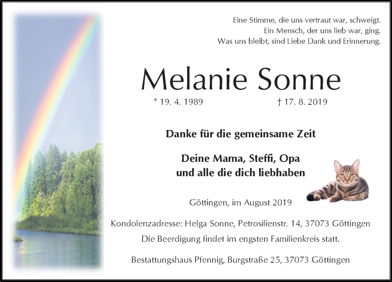  Traueranzeige für Melanie Sonne vom 24.08.2019 aus Göttinger Tageblatt