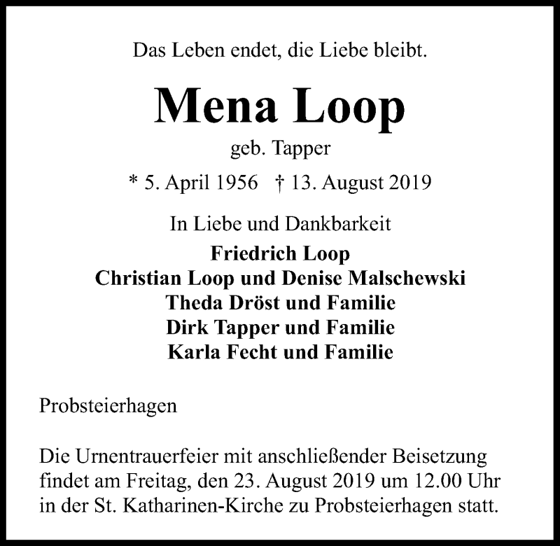  Traueranzeige für Mena Loop vom 17.08.2019 aus Kieler Nachrichten