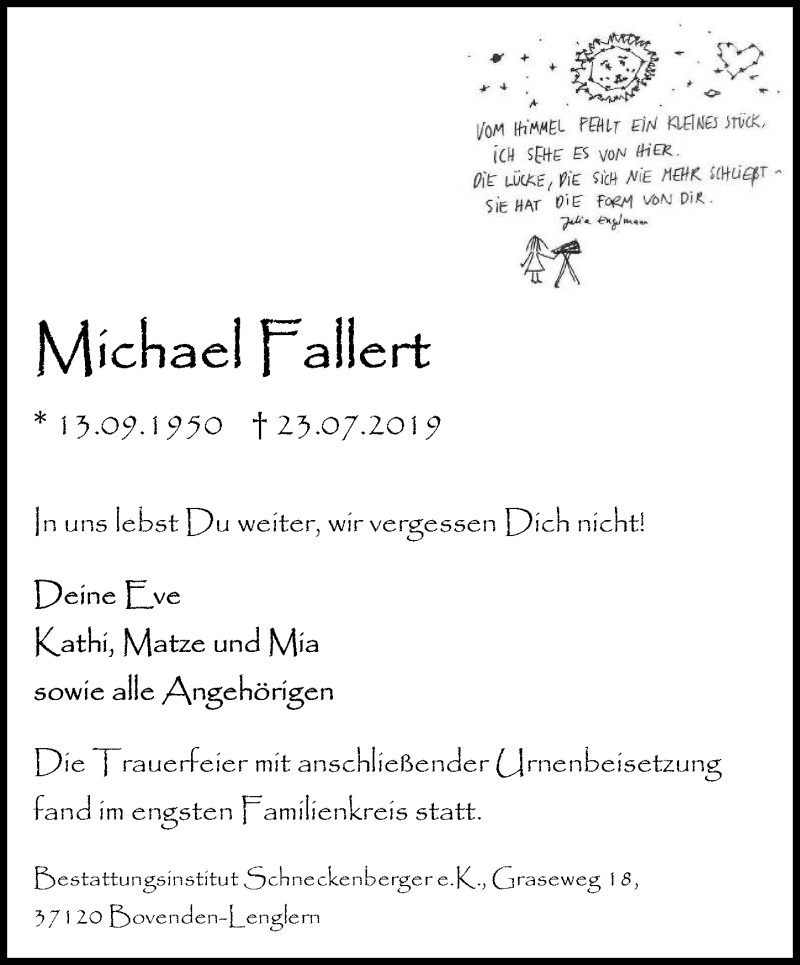  Traueranzeige für Michael Fallert vom 24.08.2019 aus Göttinger Tageblatt