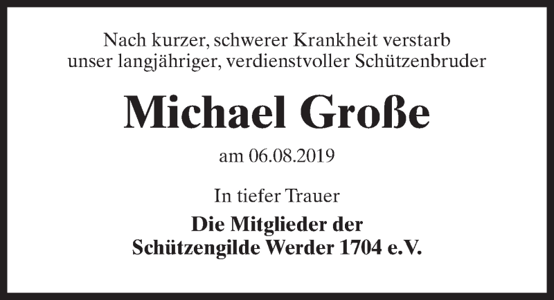  Traueranzeige für Michael Große vom 16.08.2019 aus Märkischen Allgemeine Zeitung