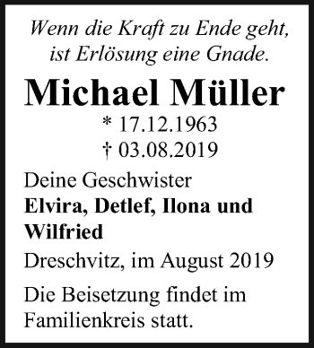 Traueranzeige von Michael Müller von Ostsee-Zeitung GmbH