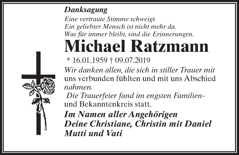  Traueranzeige für Michael Ratzmann vom 27.07.2019 aus Märkischen Allgemeine Zeitung