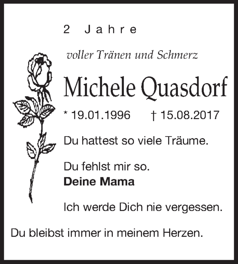 Traueranzeige für Michele Quasdorf vom 15.08.2019 aus Leipziger Volkszeitung
