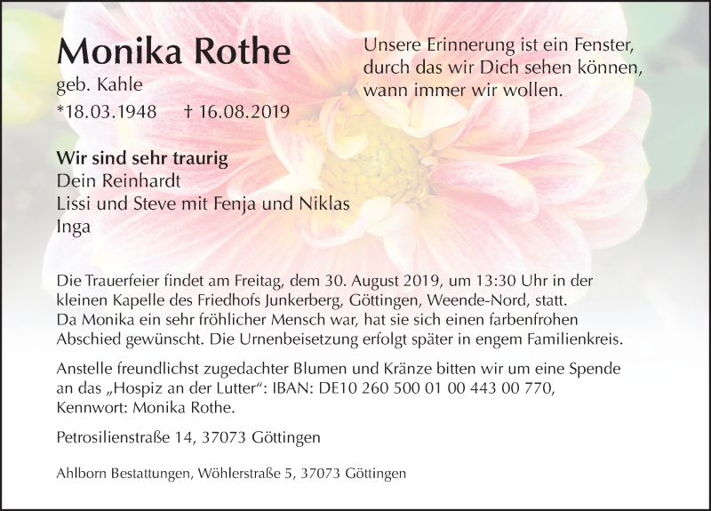  Traueranzeige für Monika Rothe vom 24.08.2019 aus Göttinger Tageblatt