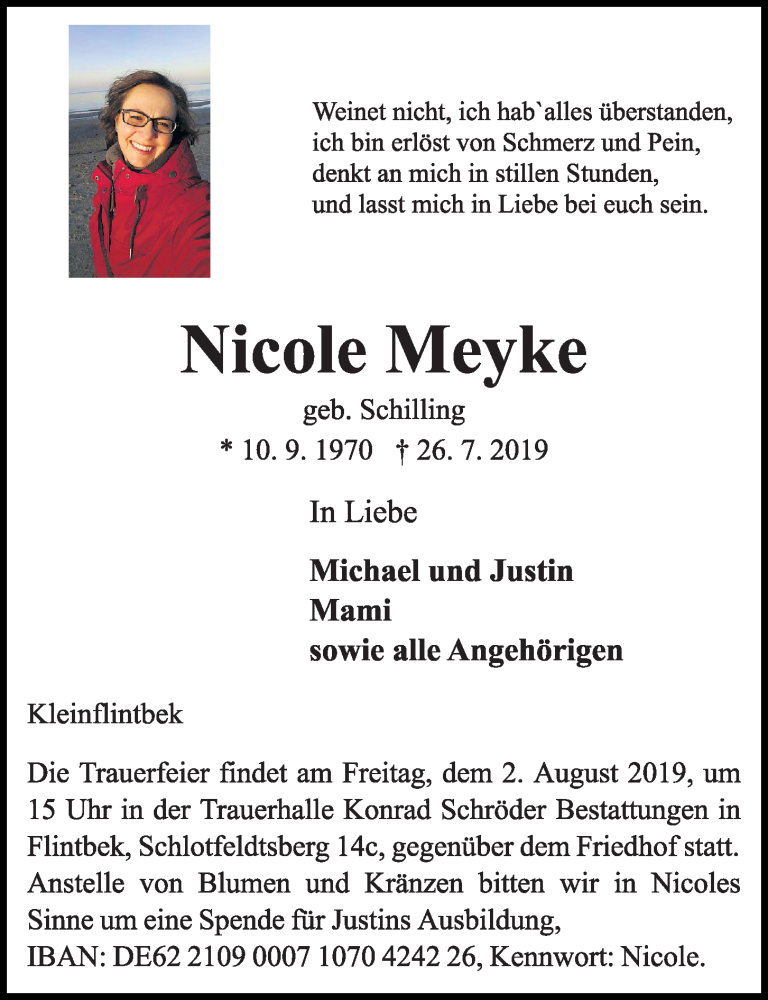  Traueranzeige für Nicole Meyke vom 31.07.2019 aus Kieler Nachrichten
