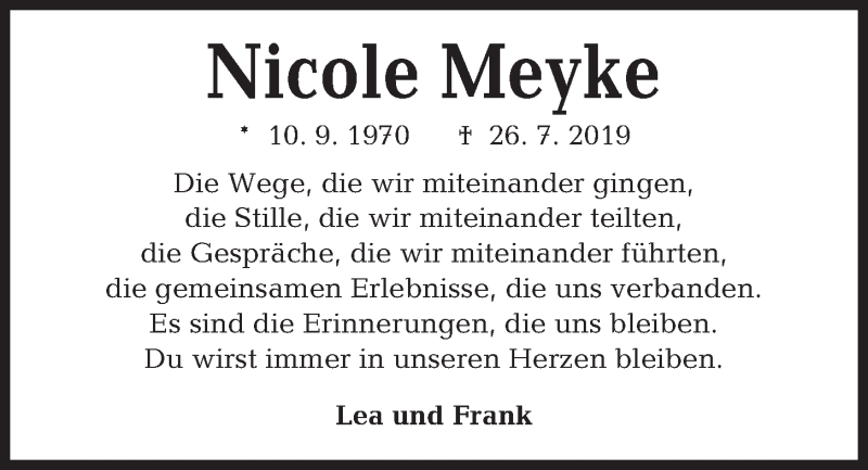  Traueranzeige für Nicole Meyke vom 03.08.2019 aus Kieler Nachrichten