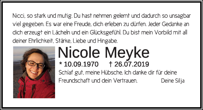  Traueranzeige für Nicole Meyke vom 31.07.2019 aus Kieler Nachrichten