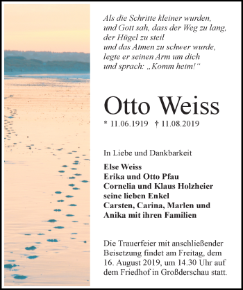 Traueranzeige von Otto Weiss von Märkischen Allgemeine Zeitung