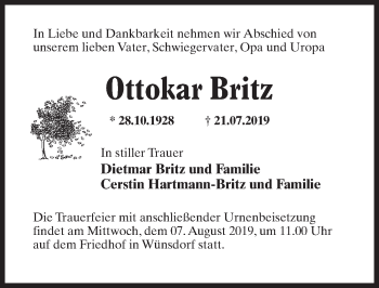 Traueranzeige von Ottokar Britz von Märkischen Allgemeine Zeitung