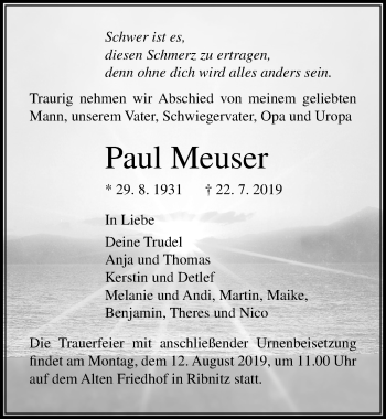 Traueranzeige von Paul Meuser von Ostsee-Zeitung GmbH