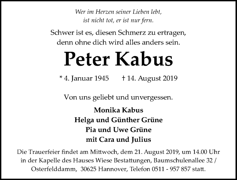 Traueranzeige für Peter Kabus vom 17.08.2019 aus Hannoversche Allgemeine Zeitung/Neue Presse