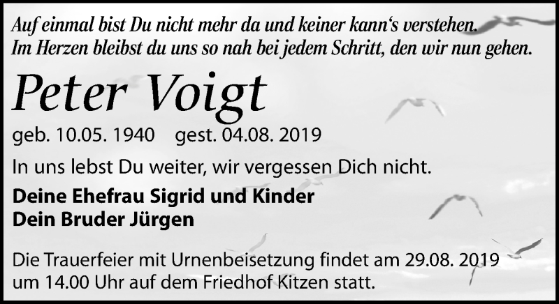  Traueranzeige für Peter Voigt vom 10.08.2019 aus Leipziger Volkszeitung
