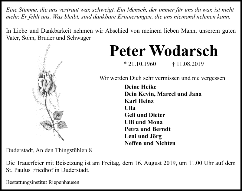  Traueranzeige für Peter Wodarsch vom 14.08.2019 aus Eichsfelder Tageblatt