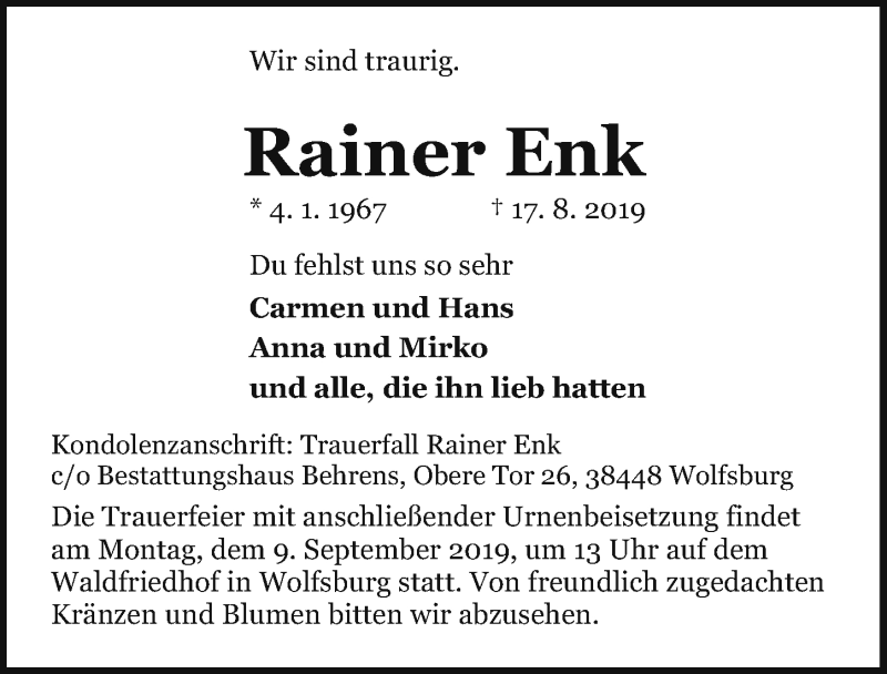  Traueranzeige für Rainer Enk vom 30.08.2019 aus Aller Zeitung