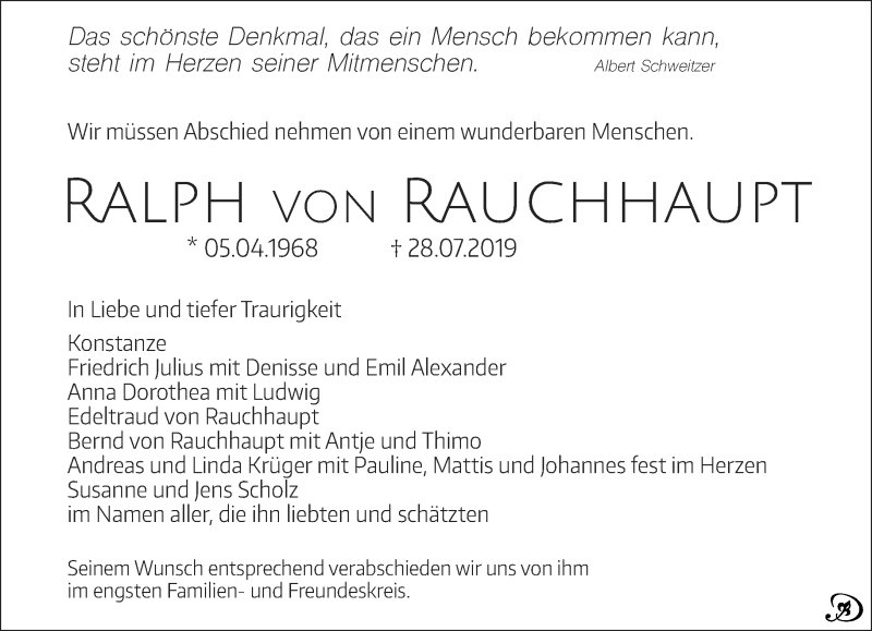  Traueranzeige für Ralph von Rauchhaupt vom 03.08.2019 aus Leipziger Volkszeitung