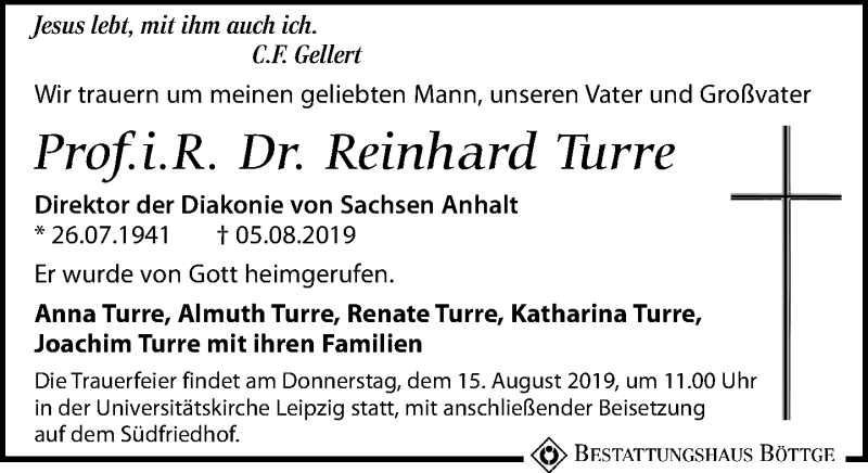  Traueranzeige für Reinhard Turre vom 10.08.2019 aus Leipziger Volkszeitung