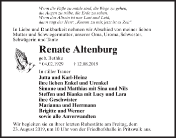 Traueranzeige von Renate Altenburg von Märkischen Allgemeine Zeitung