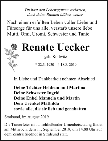 Traueranzeige von Renate Uecker von Ostsee-Zeitung GmbH