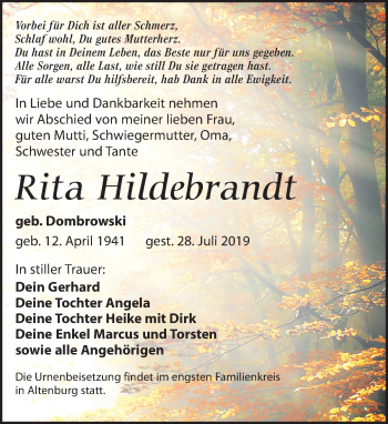 Traueranzeige von Rita Hildebrandt von Leipziger Volkszeitung