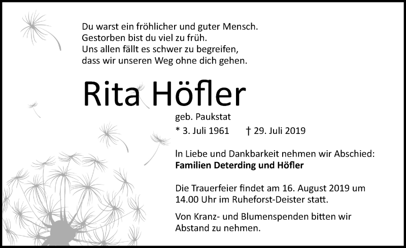  Traueranzeige für Rita Höfler vom 10.08.2019 aus Schaumburger Nachrichten