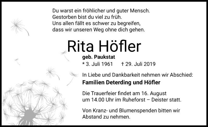  Traueranzeige für Rita Höfler vom 10.08.2019 aus Hannoversche Allgemeine Zeitung/Neue Presse