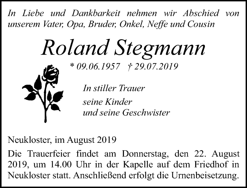  Traueranzeige für Roland Stegmann vom 17.08.2019 aus Ostsee-Zeitung GmbH